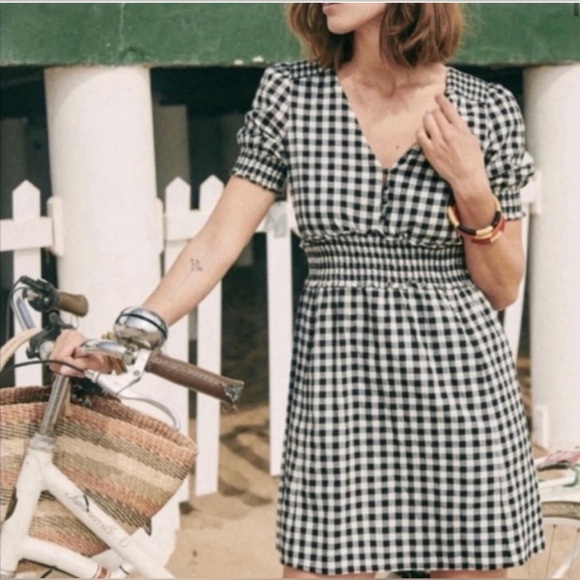 Sezane Sixtine Gingham Plaid Check Mini Dress Black White Short Sleeves Sz. 36 - Picture 2 of 3